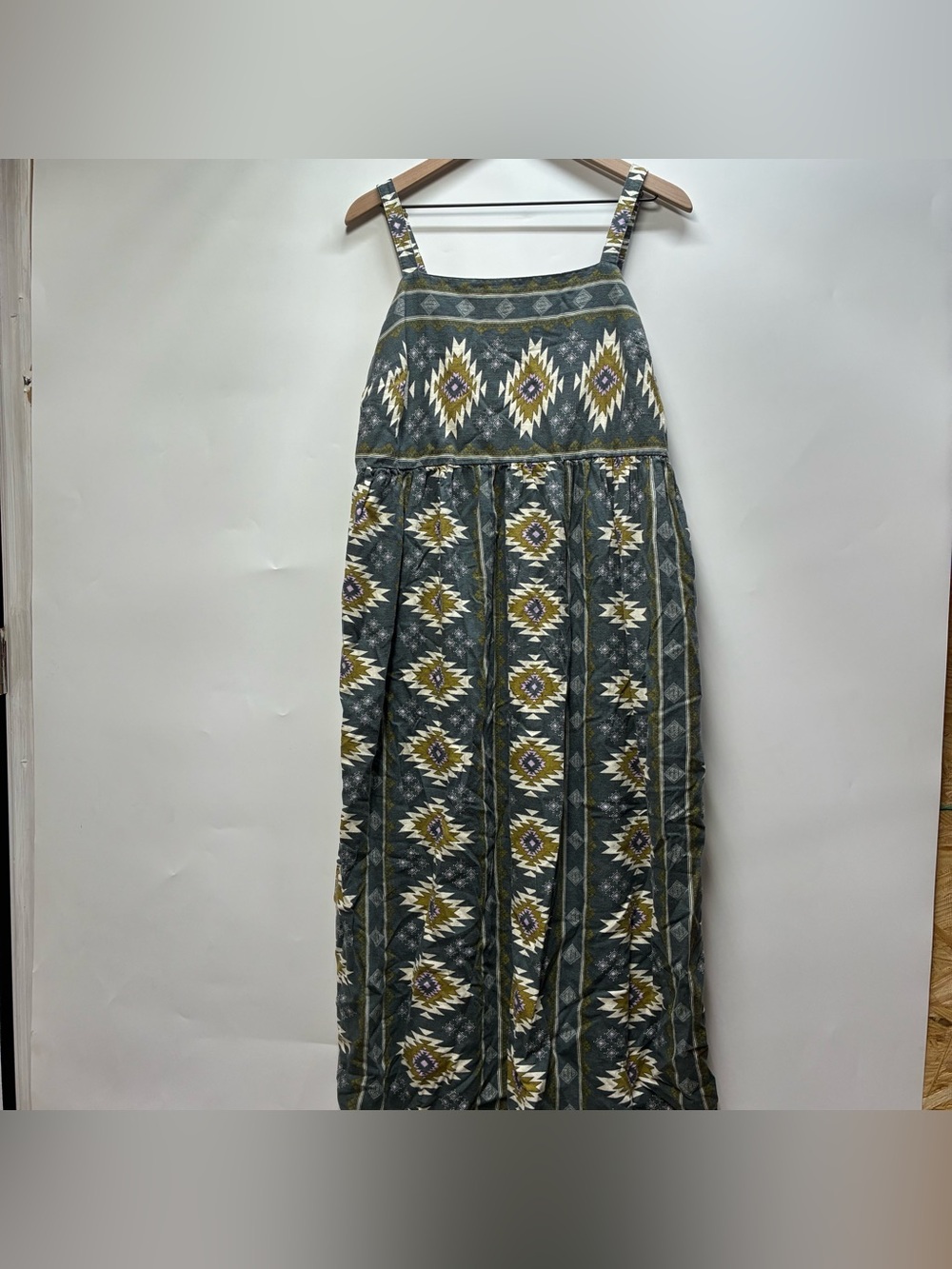 Sonoma Womens XL Western Aztec Linen Midi Dress Green Rayon Spaghetti Strap